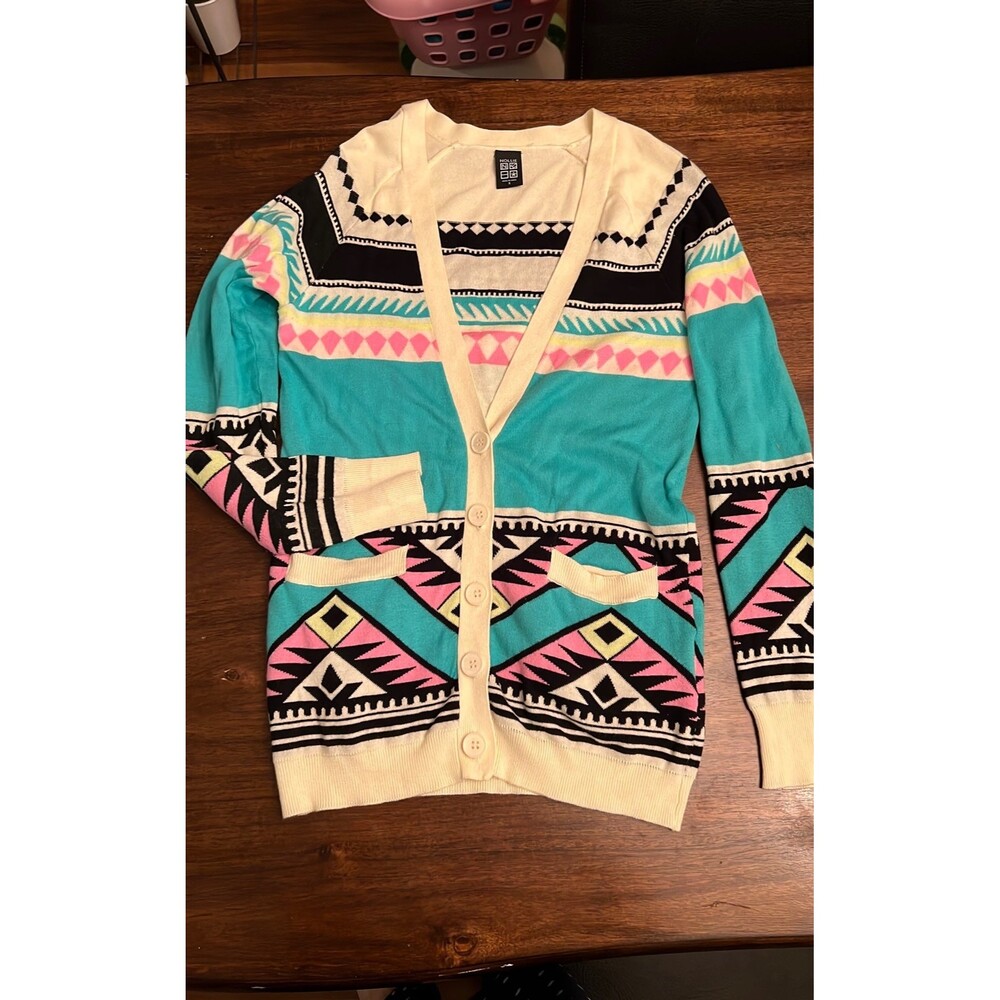 Nollie Geometric Aztec Print Teal Cardigan Juniors Size Small